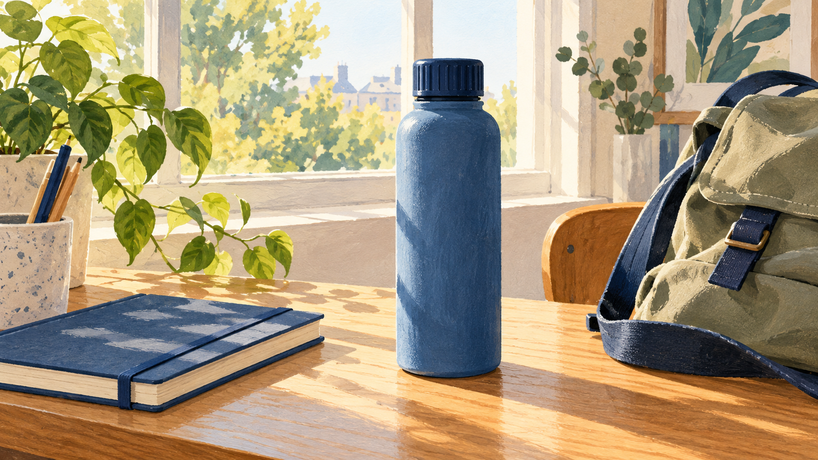 Illustration of a blue reusable water bottle on a sunny desk beside a notebook and backpack.