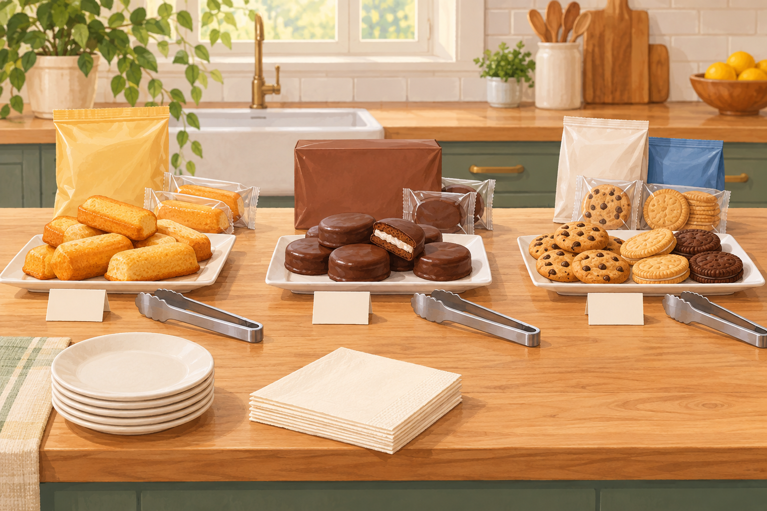 AI illustration of small dessert platters, serving tongs, blank label cards and plain packages on a kitchen table