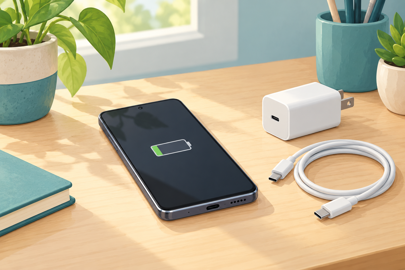 AI illustration of a generic phone, intact charging cable and power adapter on a desk