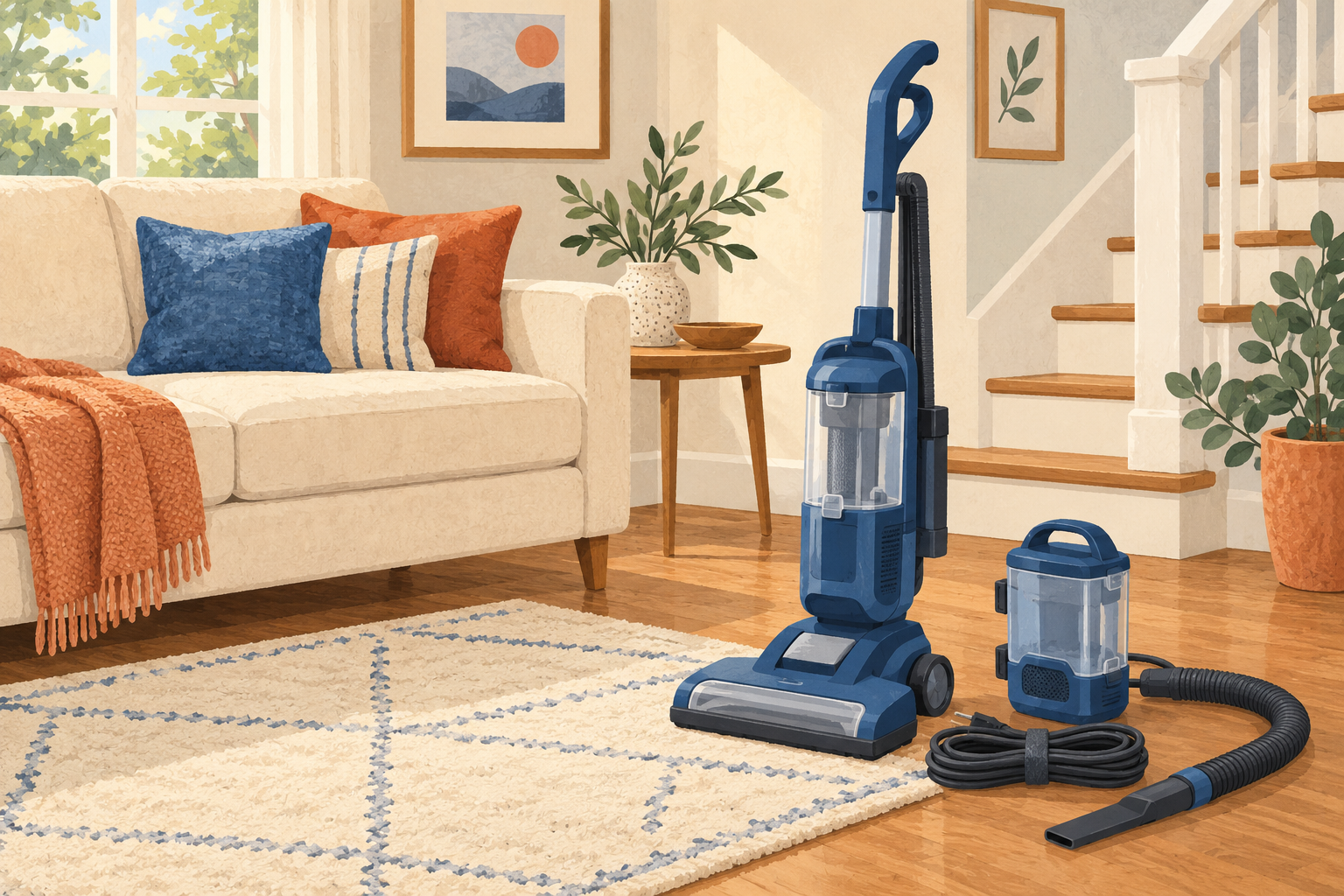 AI-generated illustration of a generic blue upright vacuum and detachable cleaning pod beside a sofa, rug and stairs; not the actual Shark NV360.