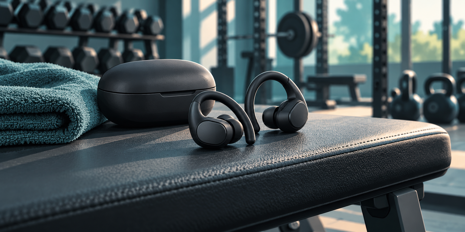 AI-generated illustration of generic black ear-hook workout earbuds and a case on a gym bench; not an actual Sport X20 product photo.