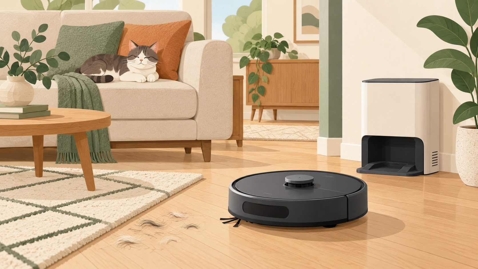 AI-generated generic illustration of an unbranded robot vacuum and dust dock in a cozy living room with a cat; not the actual Roborock product.
