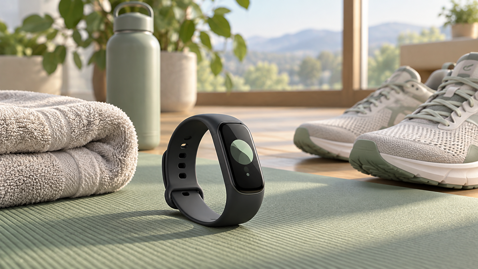 AI-generated concept illustration of a generic fitness band on an exercise mat beside shoes and a towel; not an actual Fitbit Edge product photo.