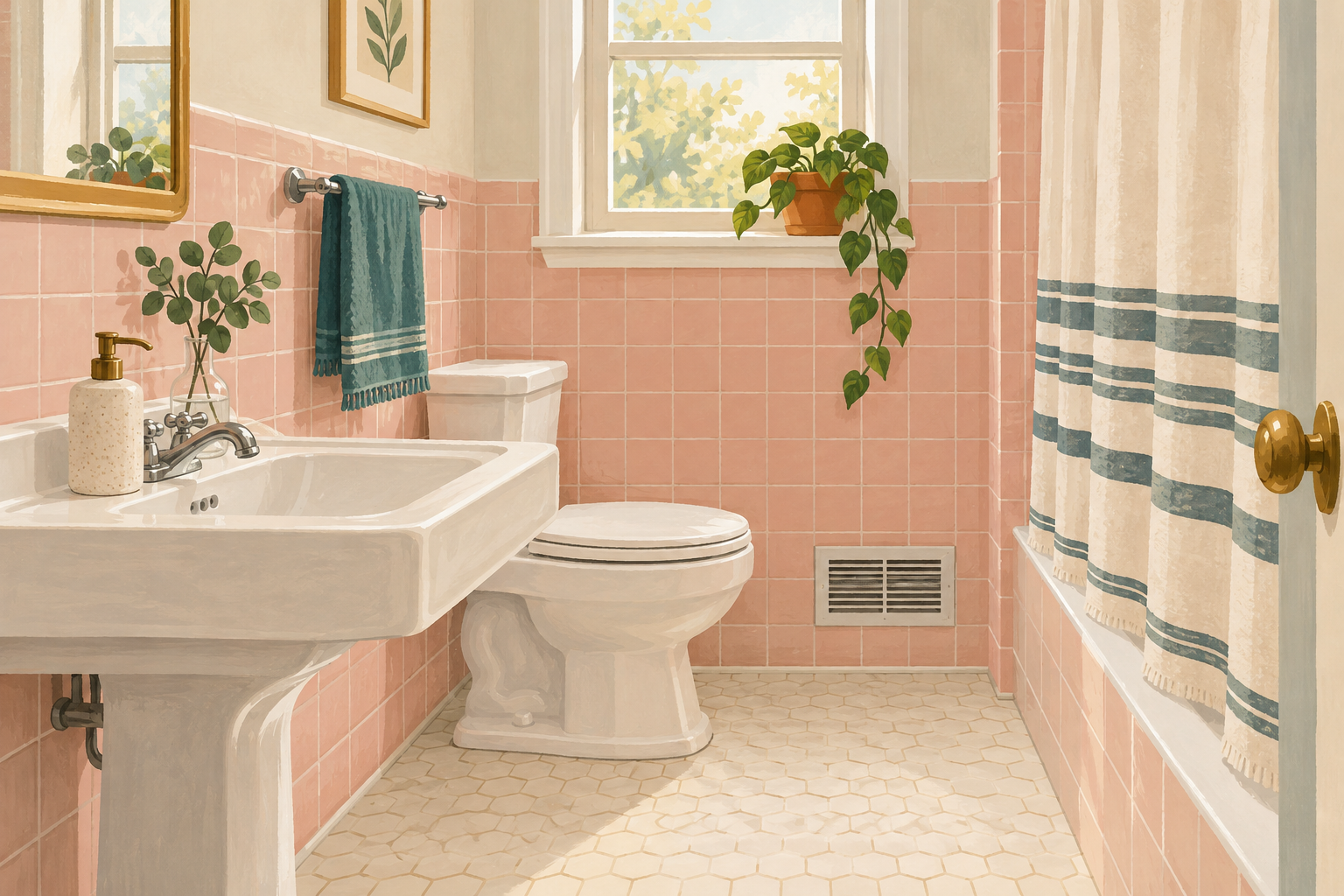 AI illustration of a pink-tiled bathroom with teal towel, striped shower curtain and clear floor.