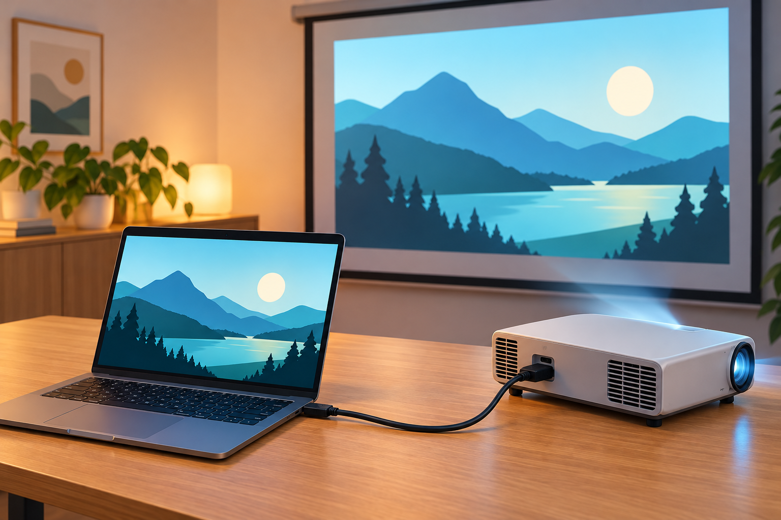 AI-generated illustration of a laptop connected to a projector with matching images on both screens