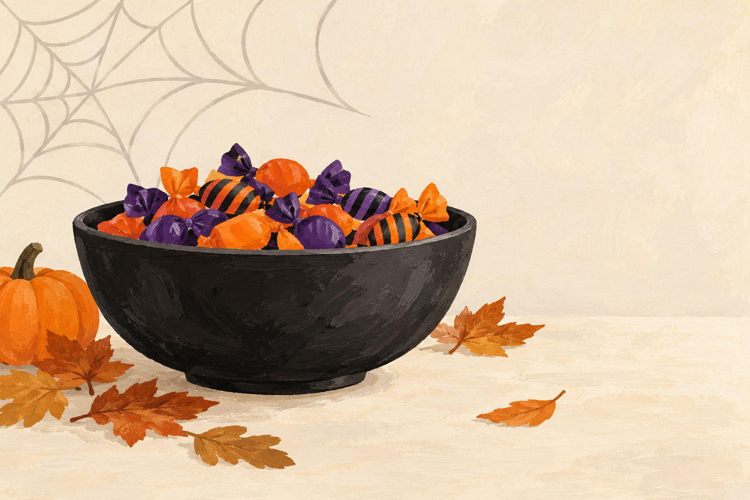 AI-generated generic illustration of a black candy bowl, wrapped sweets and a pumpkin; not the Bico product.