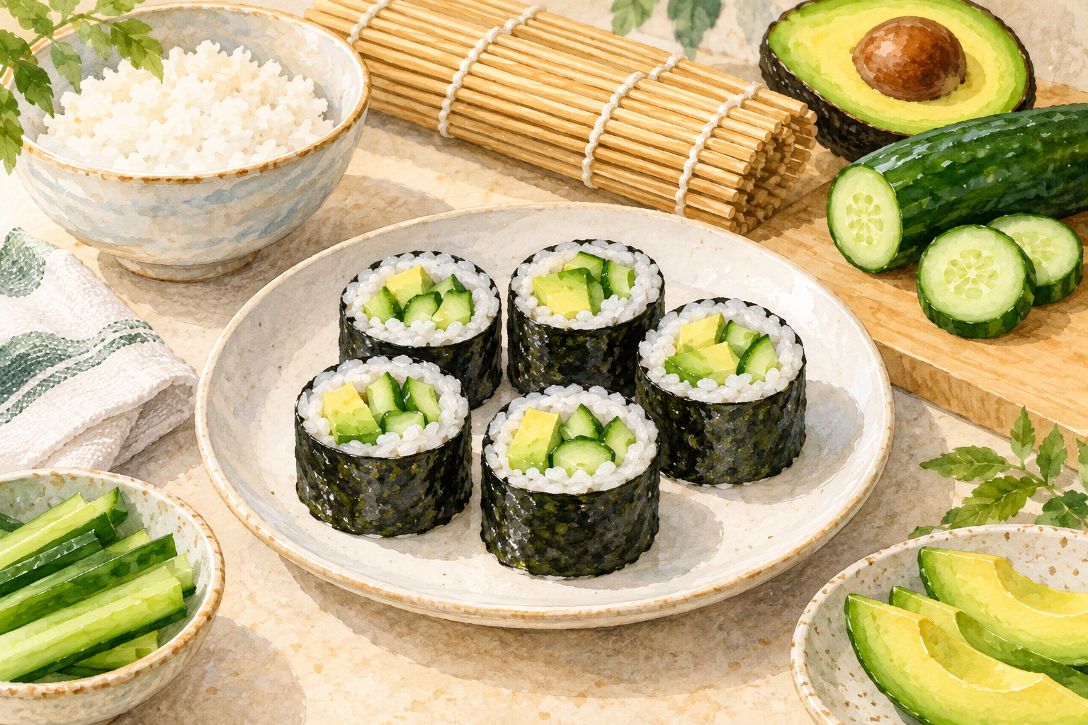 AI illustration of cucumber-and-avocado maki pieces beside rice, vegetables and a bamboo rolling mat