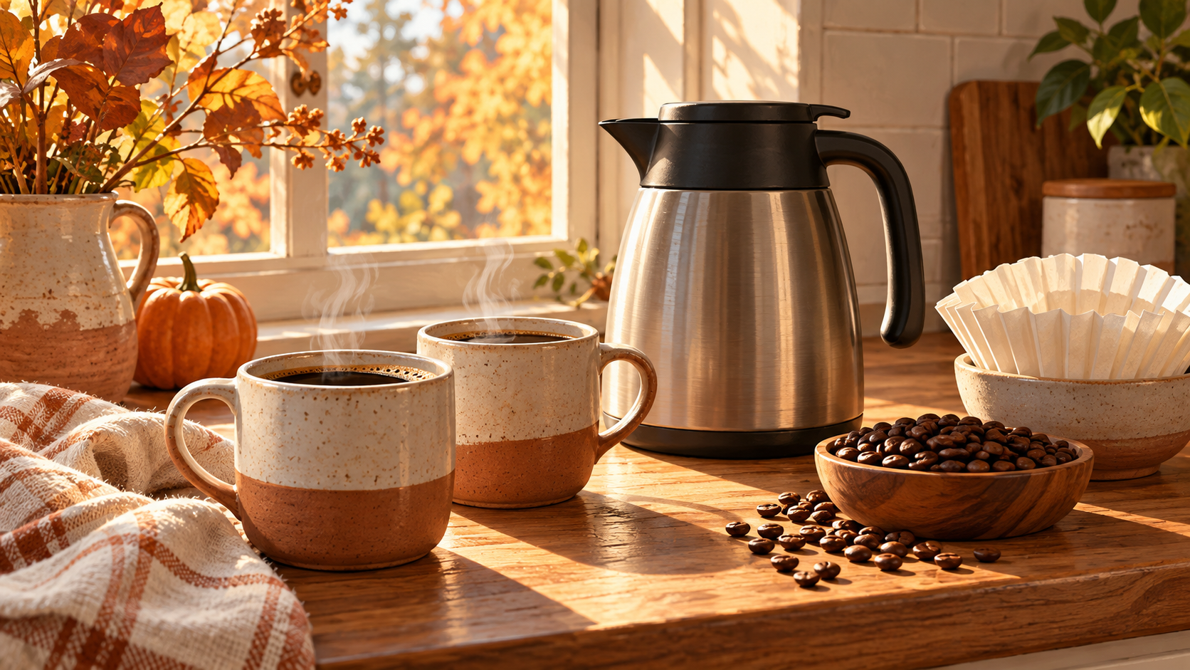 AI-generated illustration of coffee mugs, a generic carafe, filters and beans in an autumn kitchen; not the actual Fellow Aiden.