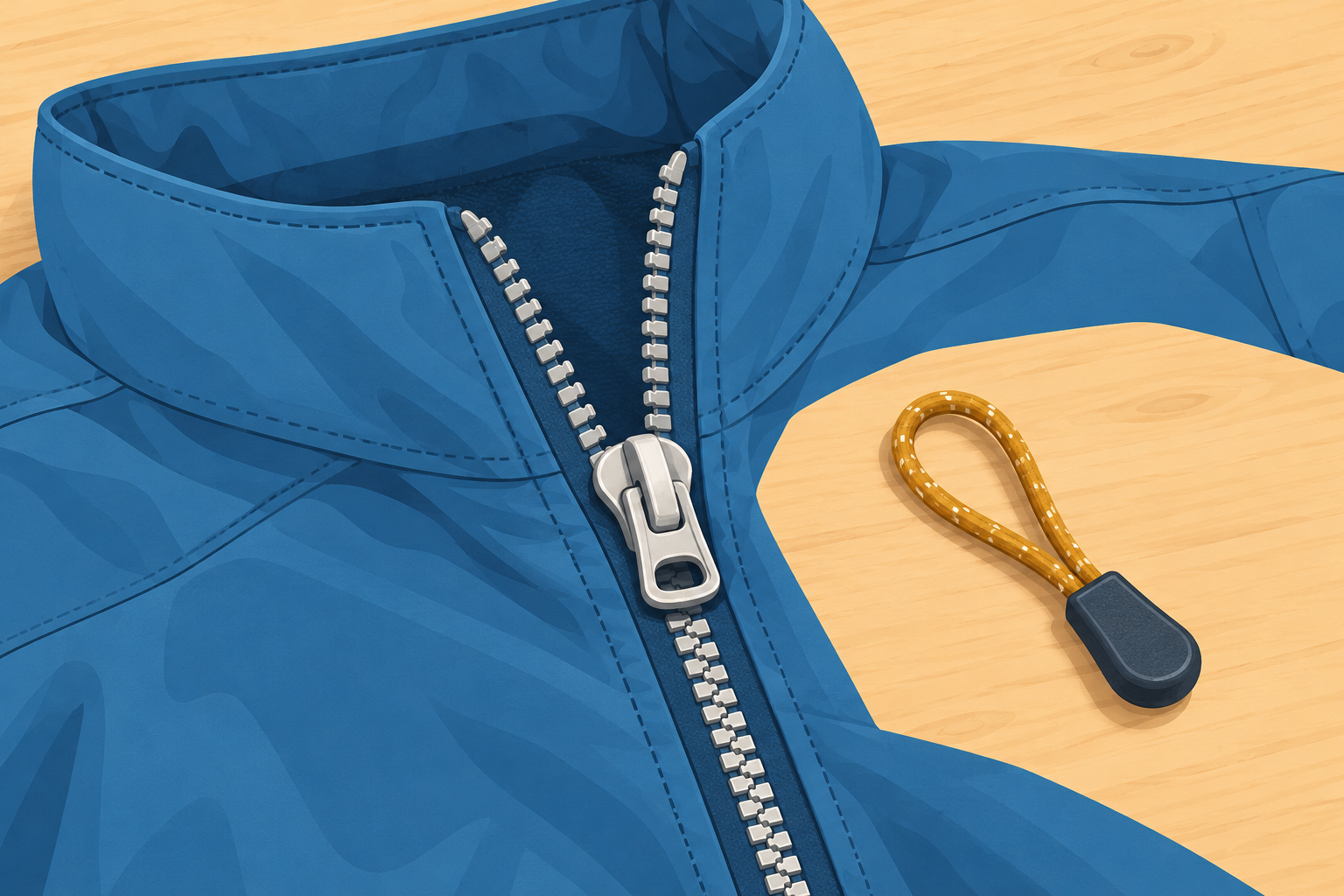 AI illustration of a blue jacket, intact zipper slider and a replacement cord pull on a work table