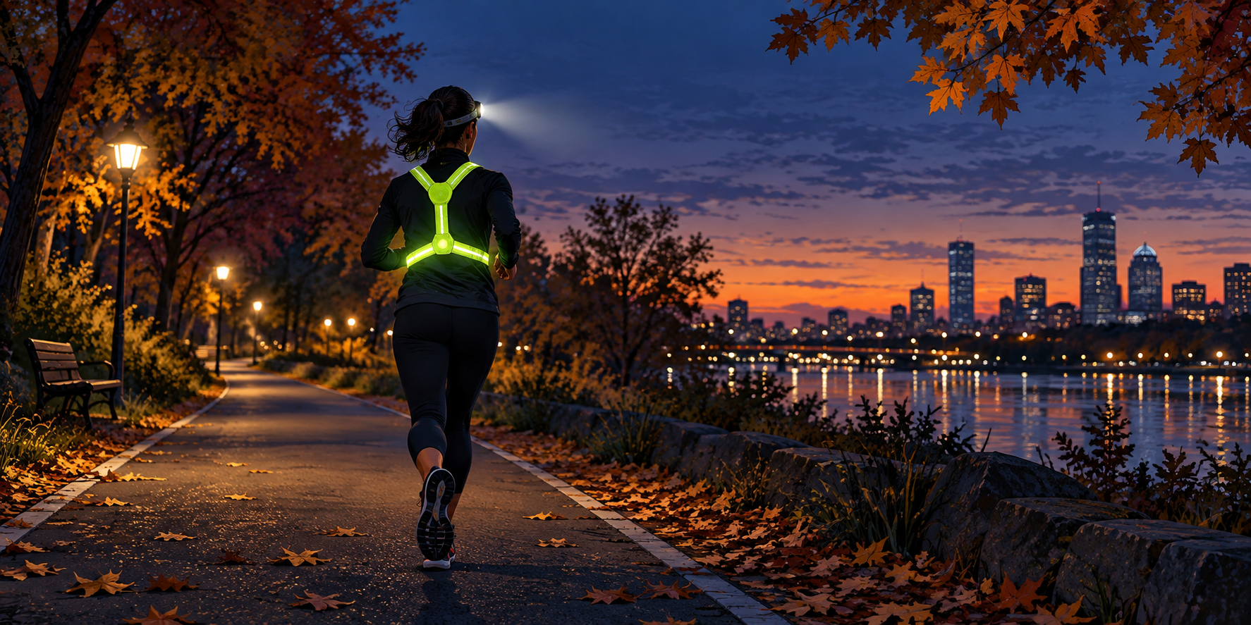 AI illustration of an adult runner wearing a generic glowing harness and headlamp on an autumn path at dusk; not a Tracer2 product photo.