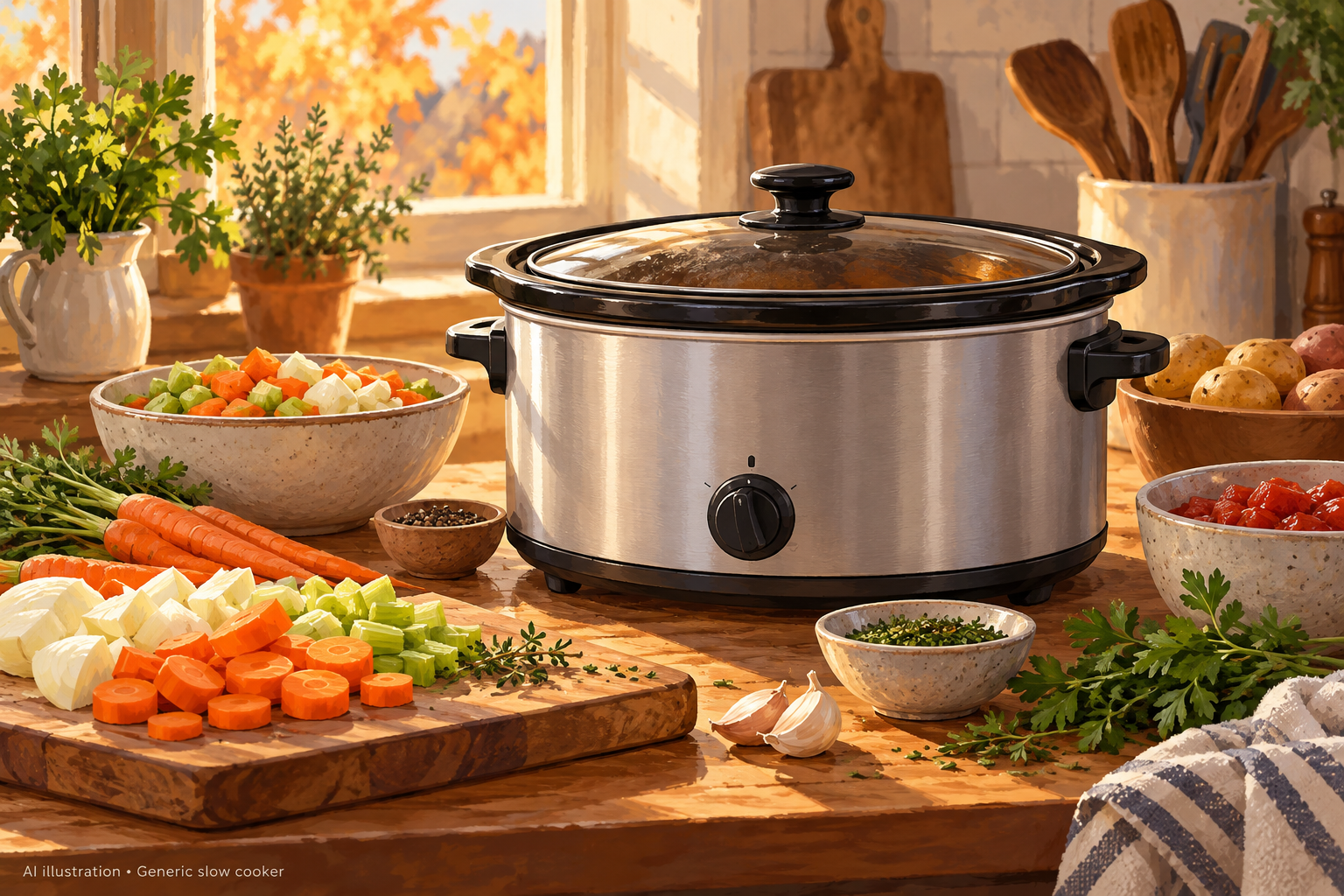 AI-generated illustration of a generic silver slow cooker with vegetables on a warm kitchen counter, not an exact Crock-Pot product photograph