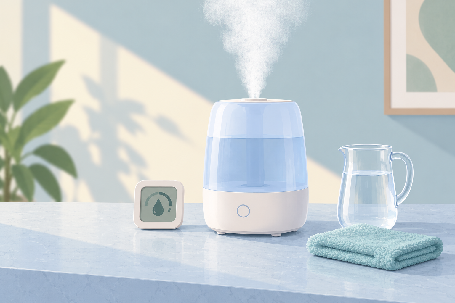 AI-generated generic humidifier on a stone countertop with a humidity meter, water jug and cleaning cloth; not an actual Frida product photo.