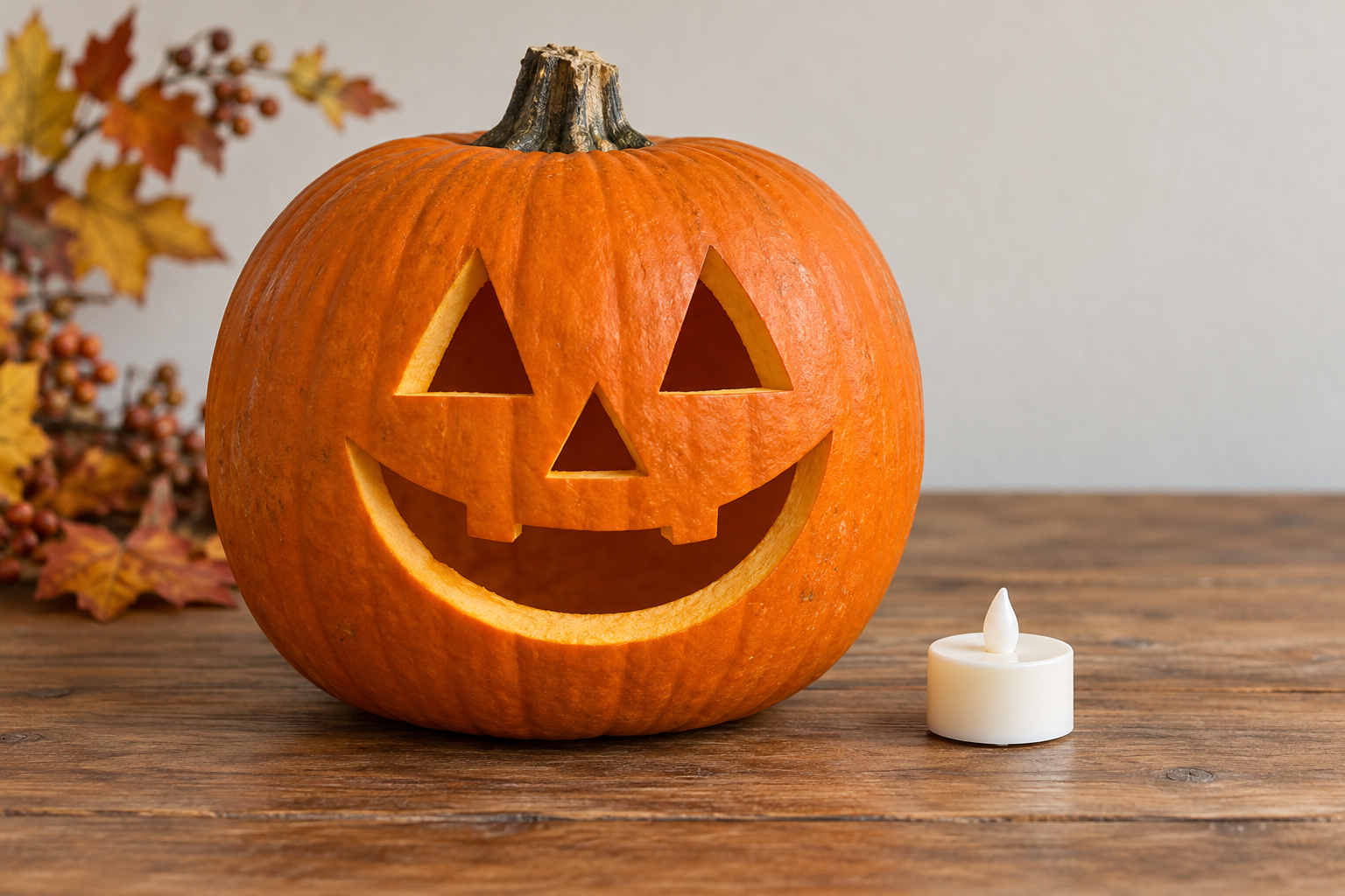 AI-generated orange jack-o-lantern with triangular eyes and nose and a wide smile, beside a battery LED tea light.