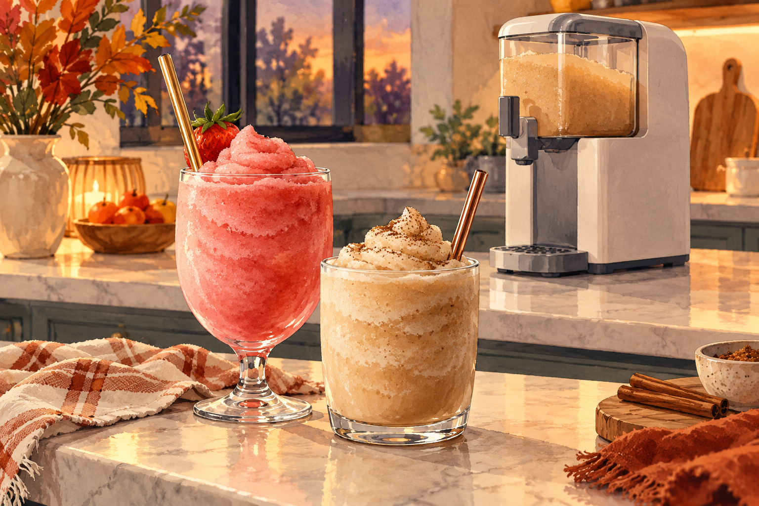 AI-generated illustration of frozen drinks and a generic dispenser in an autumn kitchen; not an actual product photo.