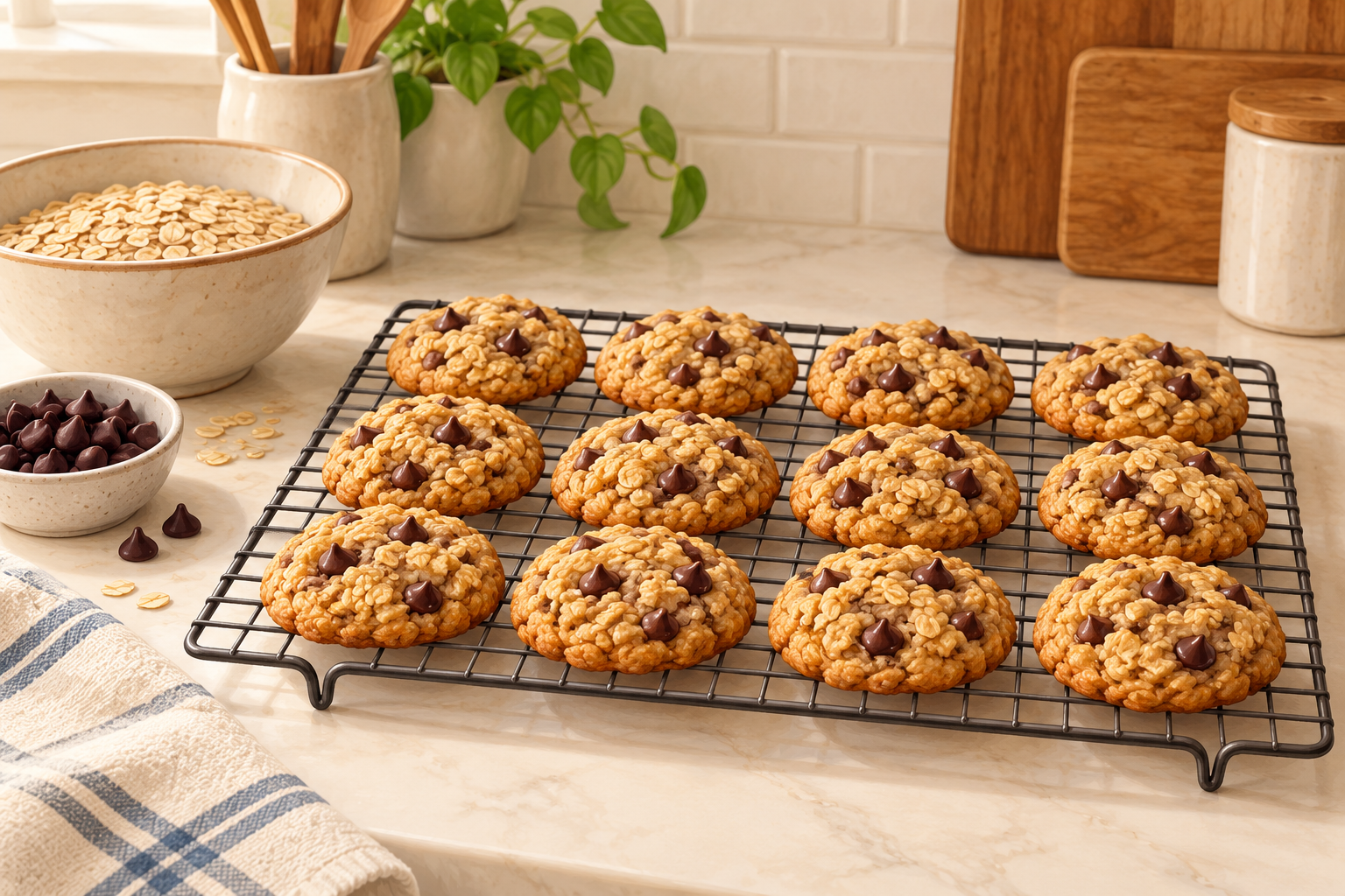 AI illustration of oatmeal chocolate chip cookies cooling on a rack beside bowls of oats and chocolate chips