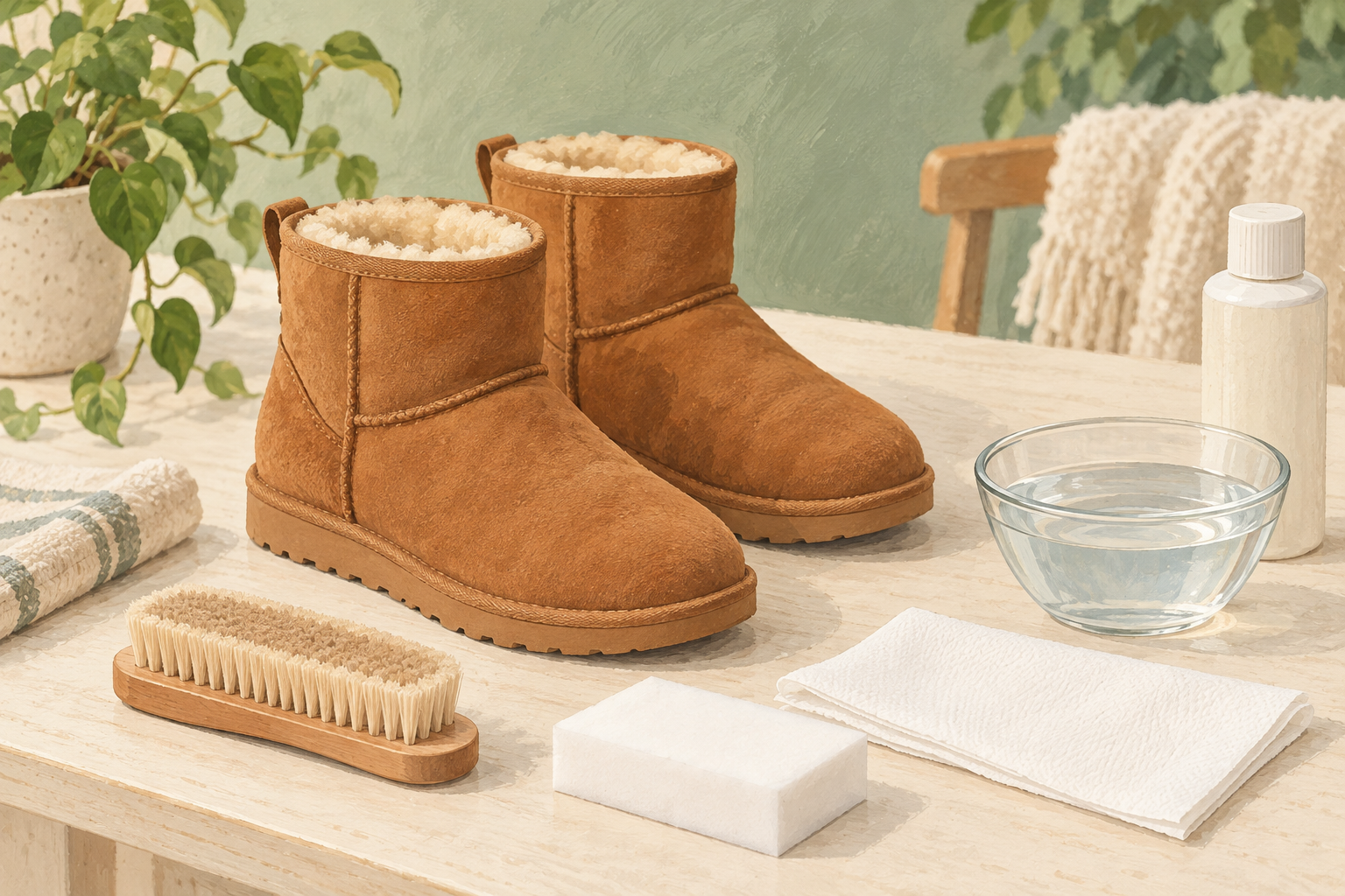 AI illustration of suede sheepskin boots with a soft brush, sponge, water and plain cleaner bottle