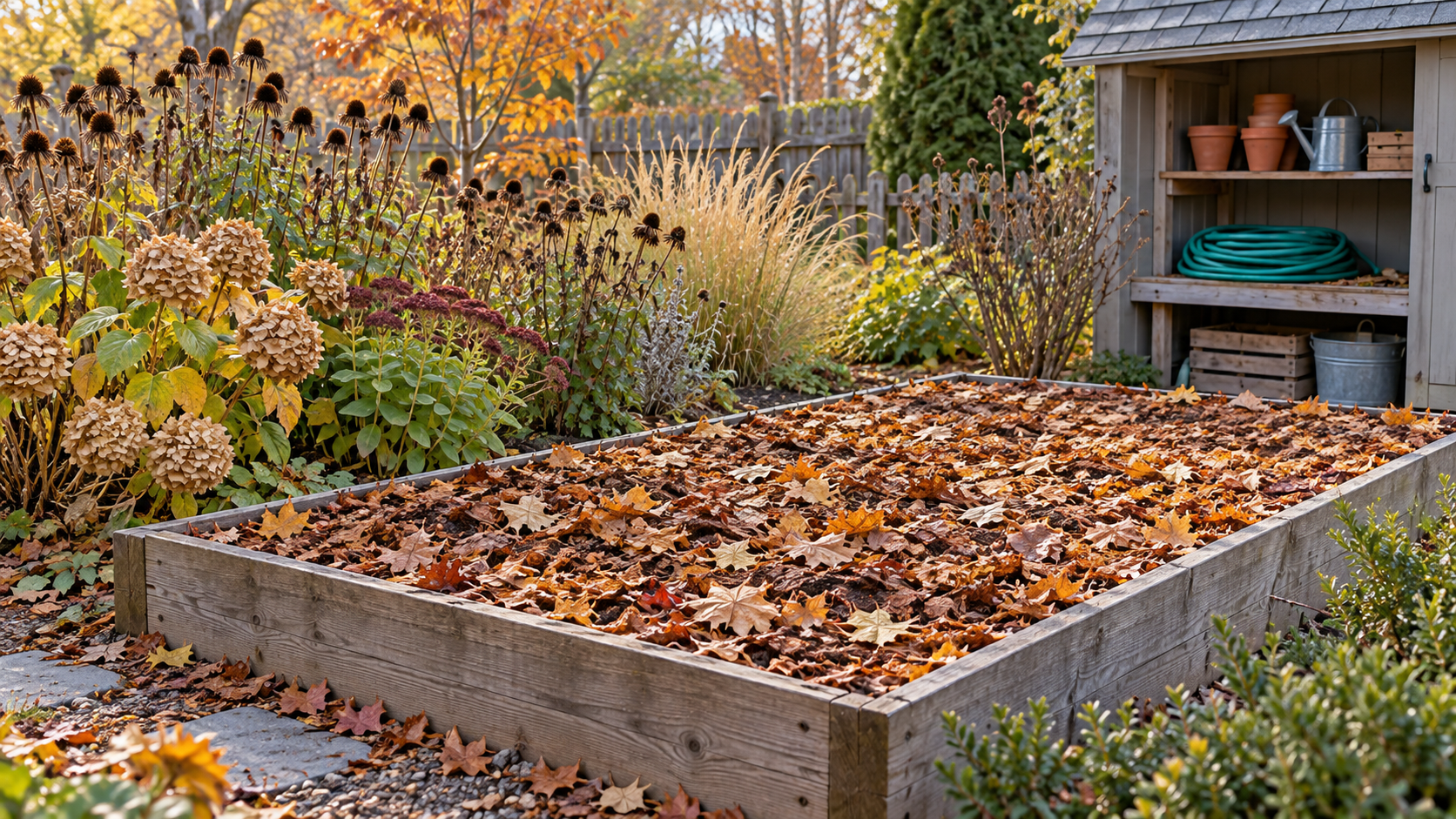 AI illustration of a mulched autumn vegetable bed beside standing perennial seed heads