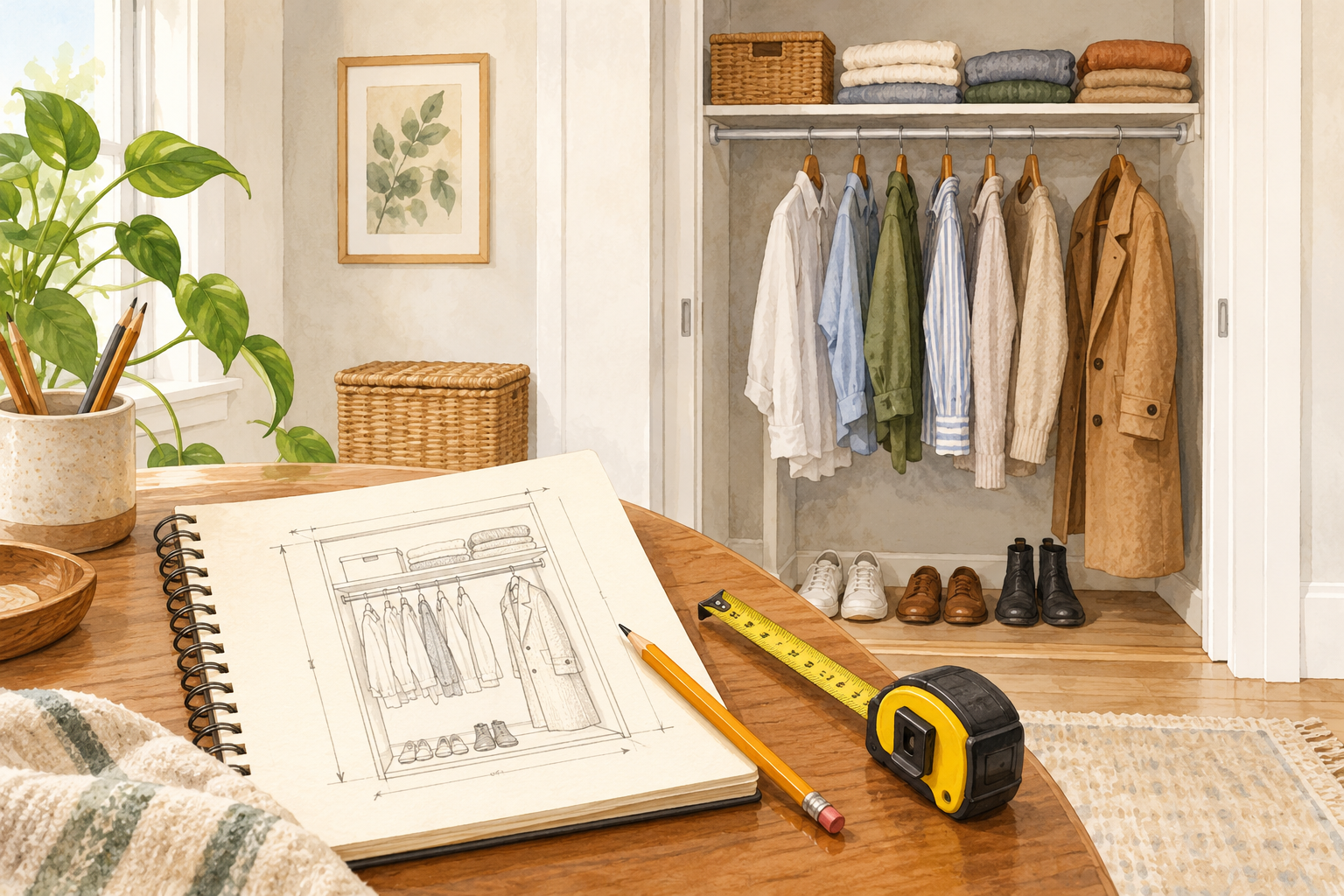 AI illustration of an open closet beside a notebook layout sketch, pencil and tape measure