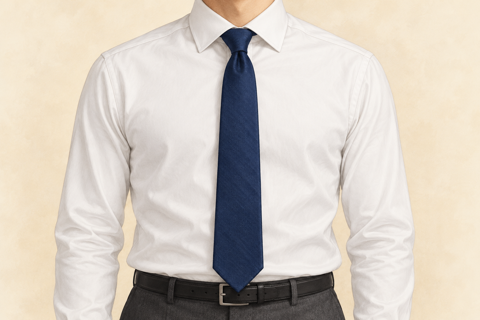 AI-generated illustration of a navy necktie on a white shirt, with the tip at the belt buckle