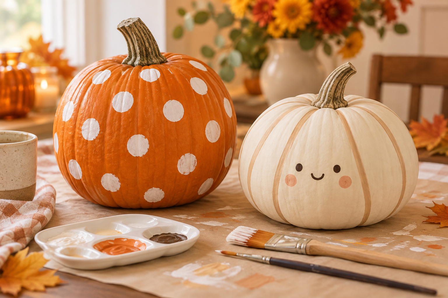 AI-generated illustration of an orange pumpkin with white dots and a cream dumpling-inspired pumpkin beside paintbrushes.
