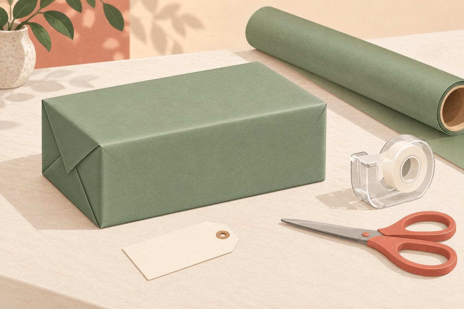 AI illustration of a sage-green wrapped rectangular gift beside scissors, tape and a paper roll.