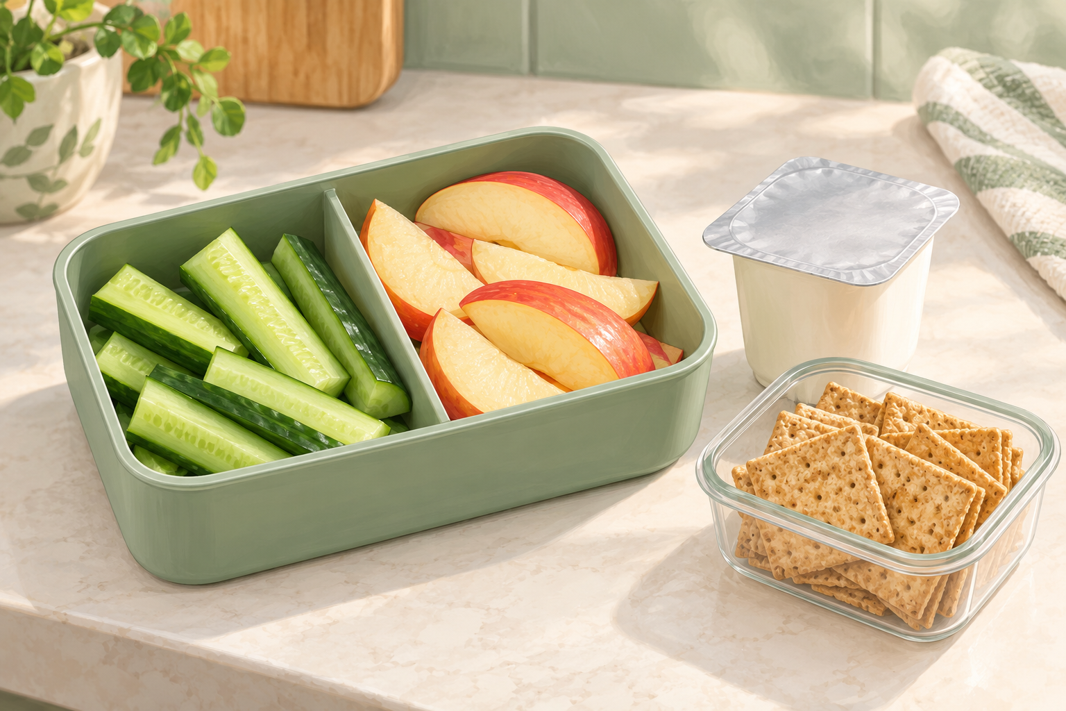 Illustrated snack box with separate cucumber sticks and apple slices, a sealed yogurt cup, and crackers in their own container.