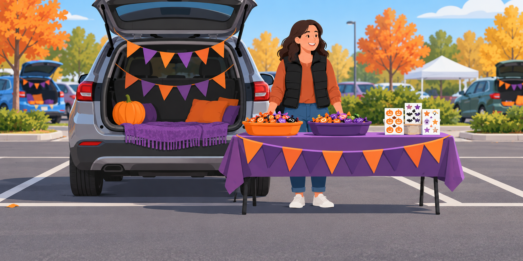 AI illustration of an adult beside a parked decorated hatchback and a table of wrapped treats and separate sticker sheets.