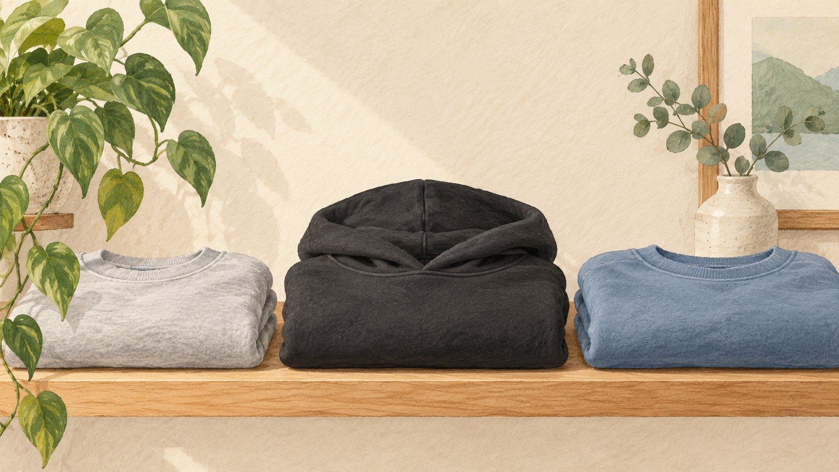 AI-generated illustration of a folded charcoal hoodie resting on a wooden shelf beside folded sweatshirts