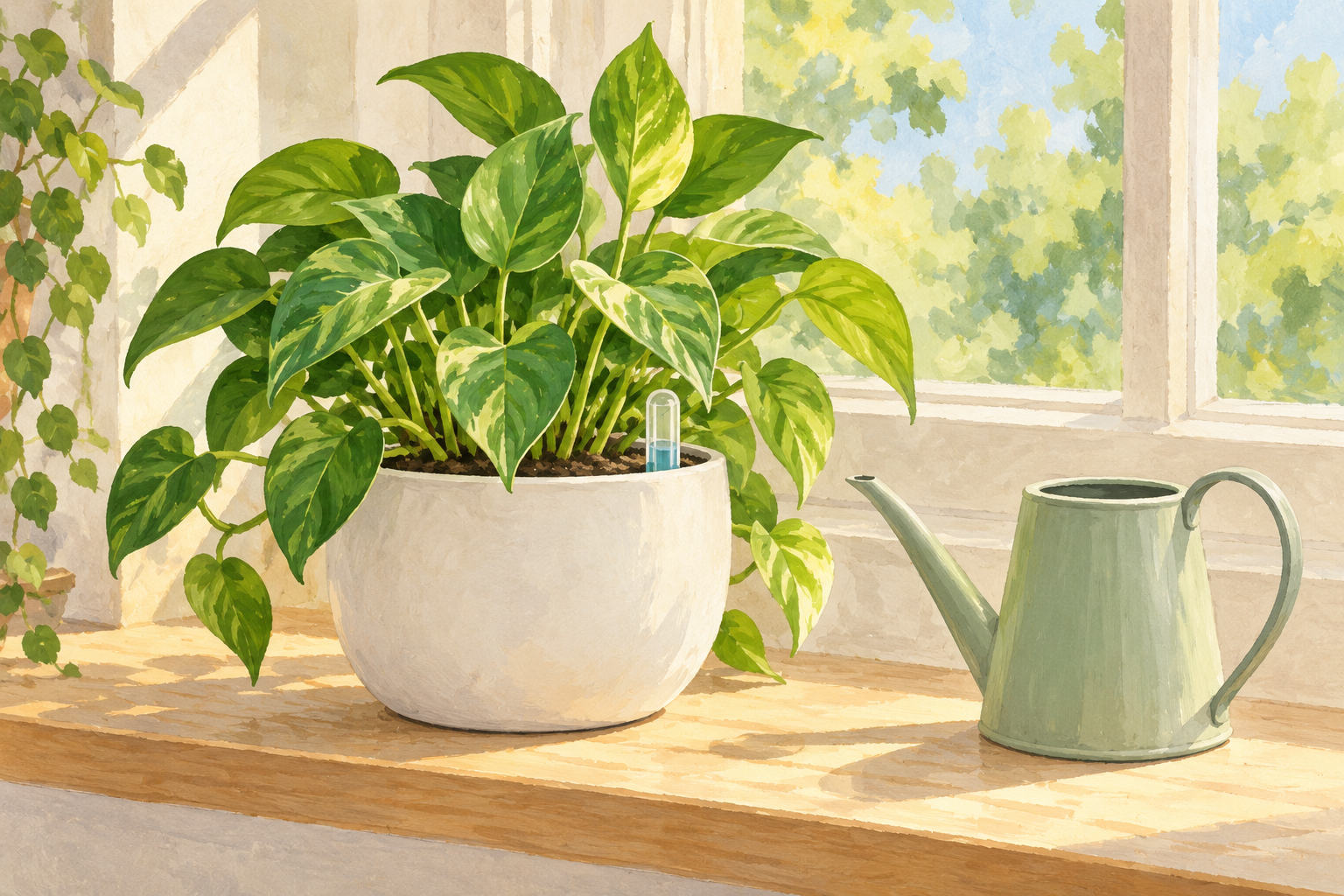 Editorial illustration of a leafy green houseplant in a round white planter with a water-level indicator beside a watering can and sunny window.