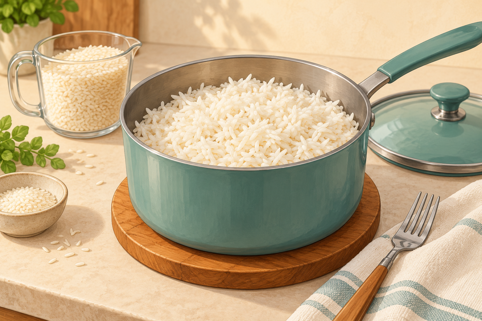 AI illustration of plain long-grain white rice in a teal saucepan beside a fork and measuring cup