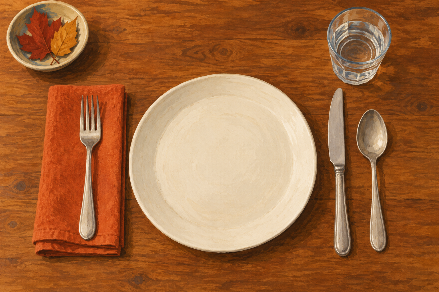 AI illustration of a simple autumn dinner place setting with cream plate, rust napkin, fork, knife, spoon and water glass