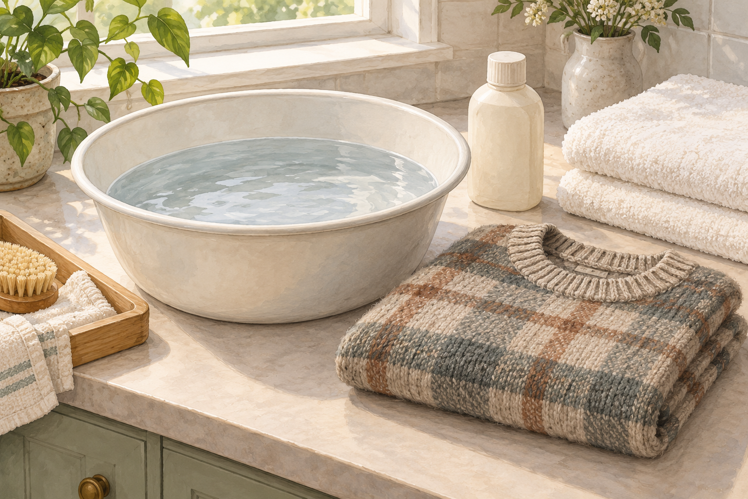 Illustration of a basin of water beside a folded plaid wool sweater, an unbranded detergent bottle, and clean towels.