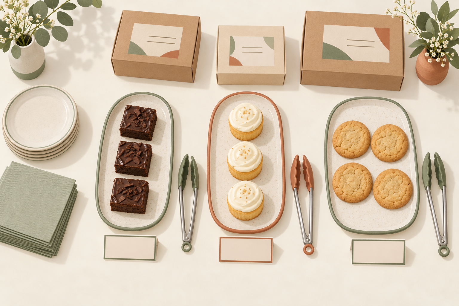 AI illustration of three separate dessert trays, each with its own tongs and label card, with original packages behind them