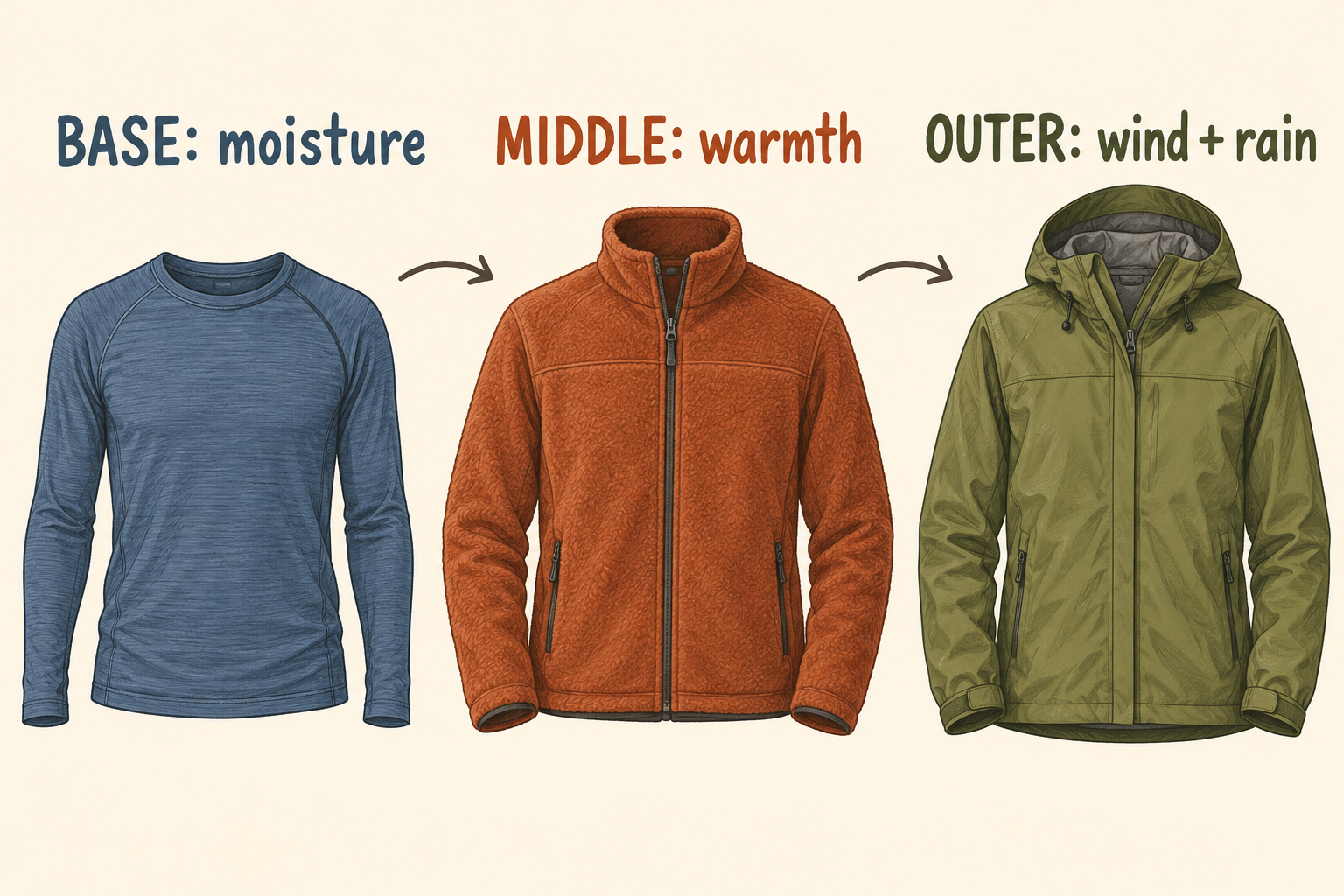 AI diagram showing a base layer for moisture management, fleece for warmth and outer shell for wind and rain