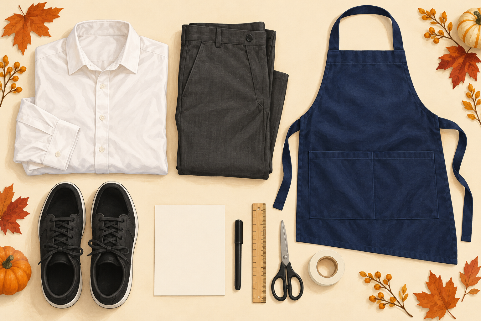 AI-generated illustration of a shirt, trousers, comfortable shoes, apron and simple paper-badge supplies laid out together.