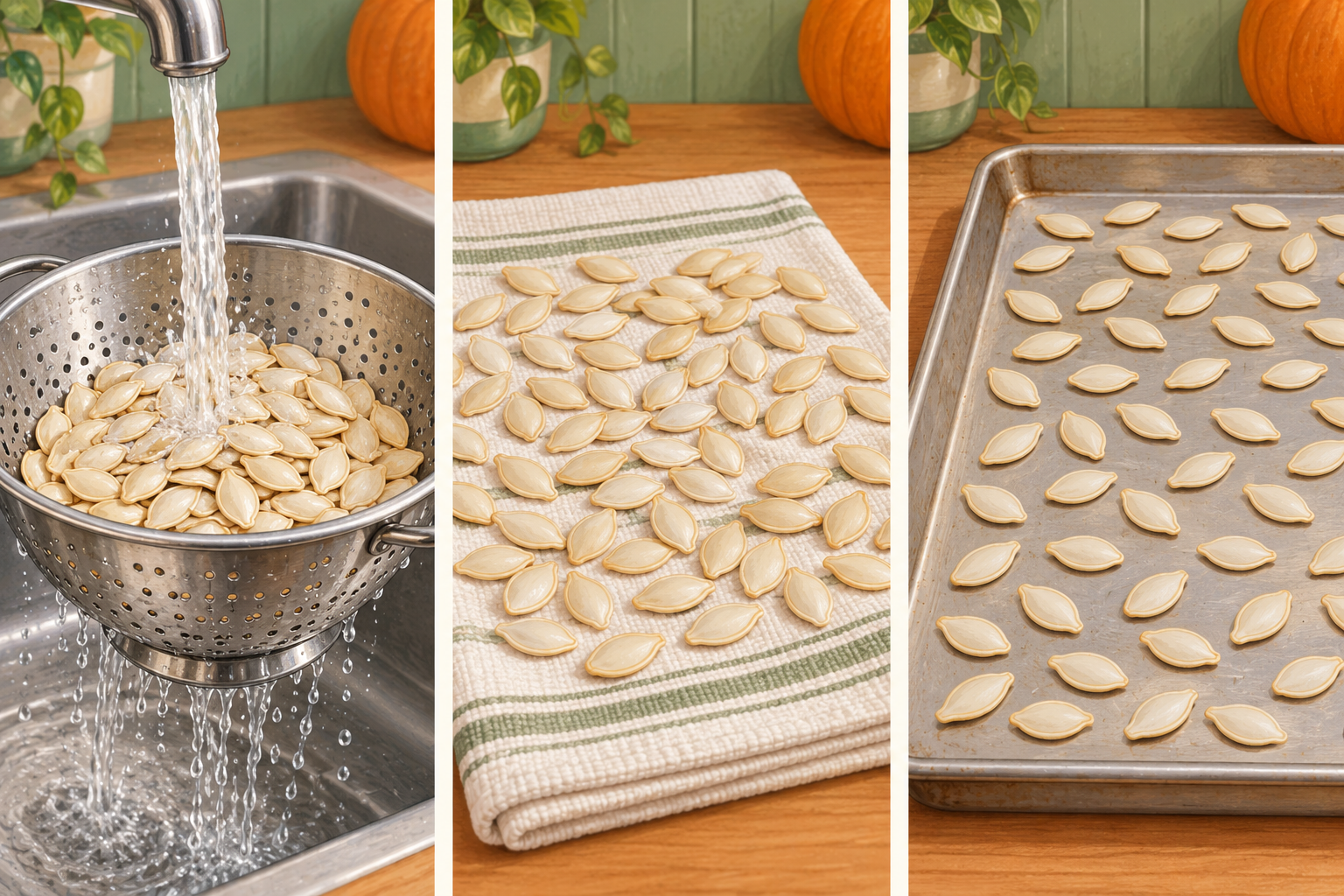 Three panels show pumpkin seeds rinsed in a colander, dried on a towel and spaced in one layer on a baking sheet.