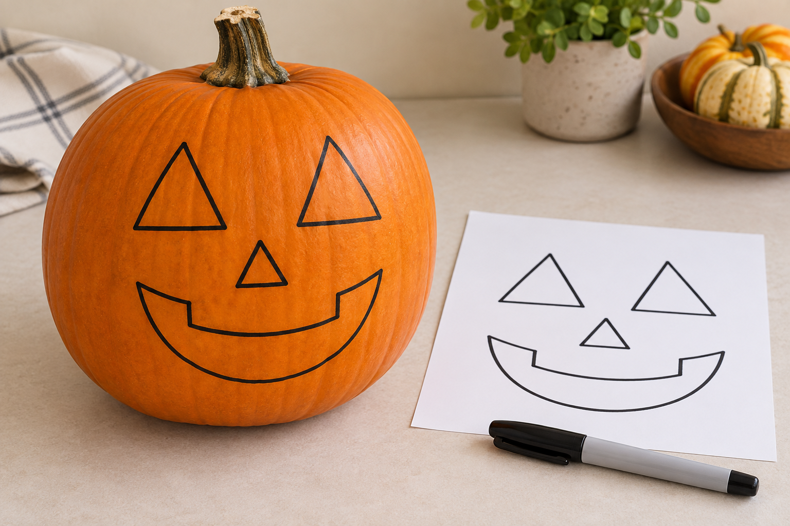 Pumpkin marked with triangular eyes and nose and a broad smile beside a matching paper pattern and capped marker.