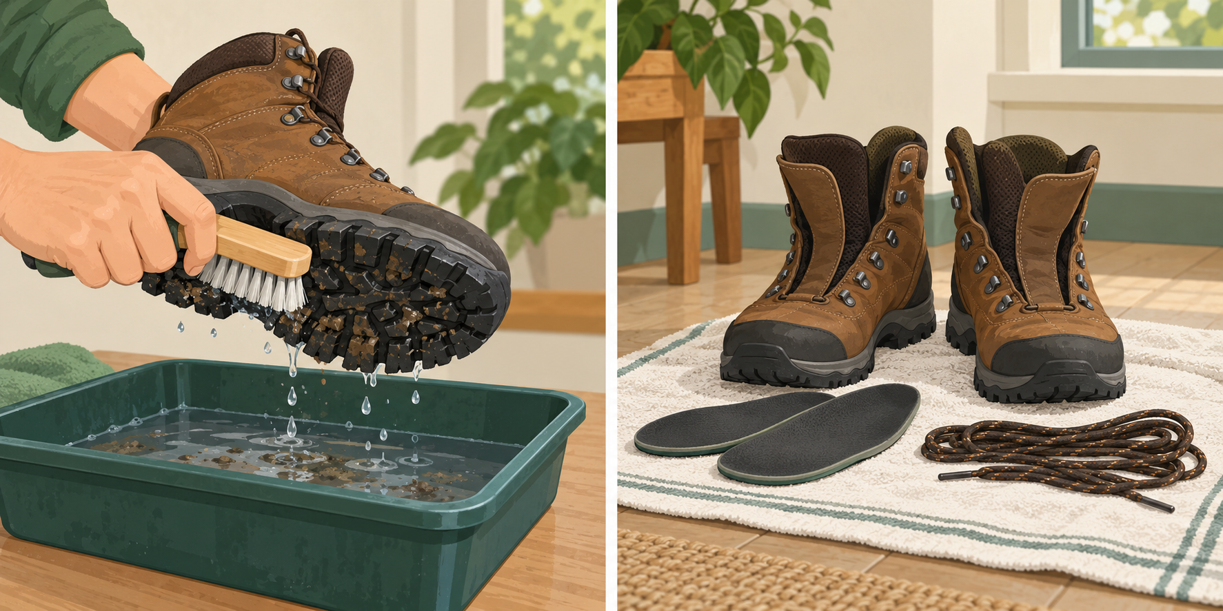 AI illustration of brushing mud from boot tread and air-drying boots with insoles and laces separate.