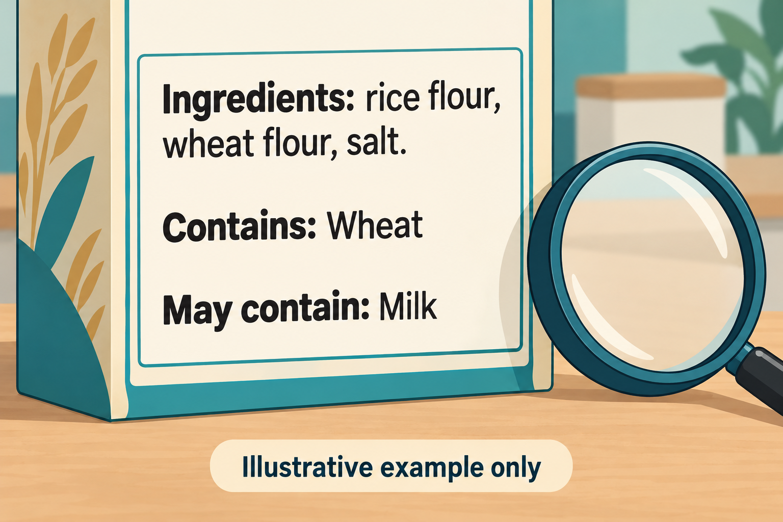 AI illustration of a fictional label listing wheat flour, Contains Wheat, and a separate May contain Milk advisory.