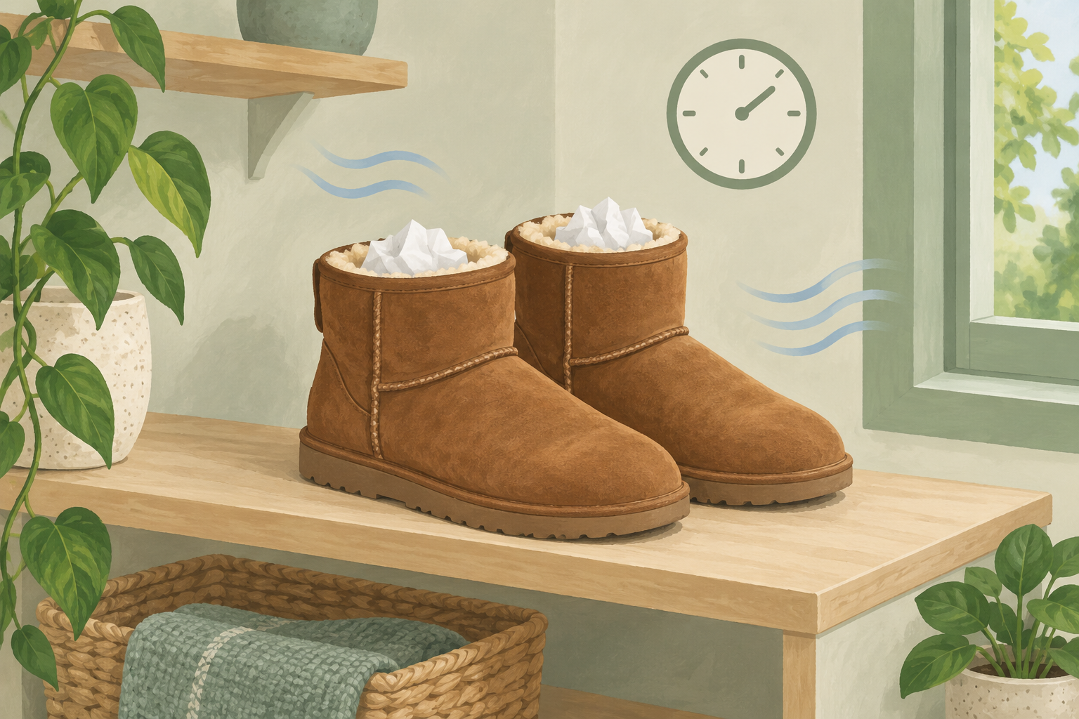 AI illustration of paper-stuffed suede boots drying on a shaded shelf with airflow