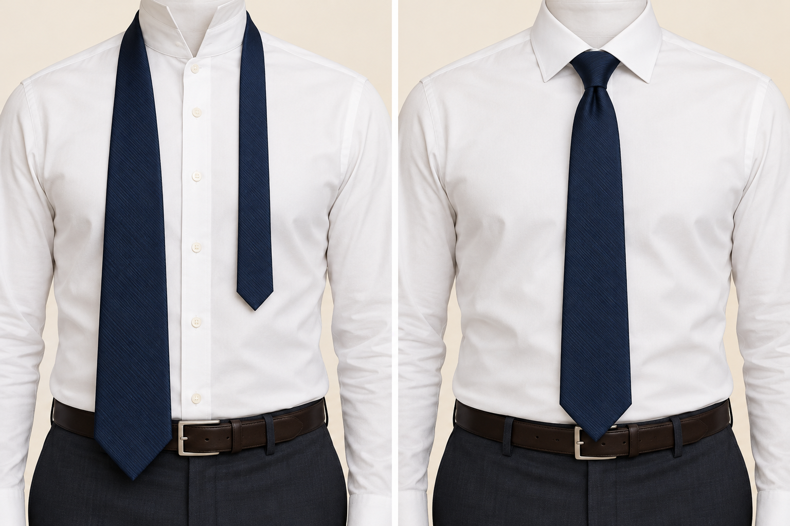 AI-generated comparison of a draped tie with unequal ends and a finished tie ending at the belt buckle
