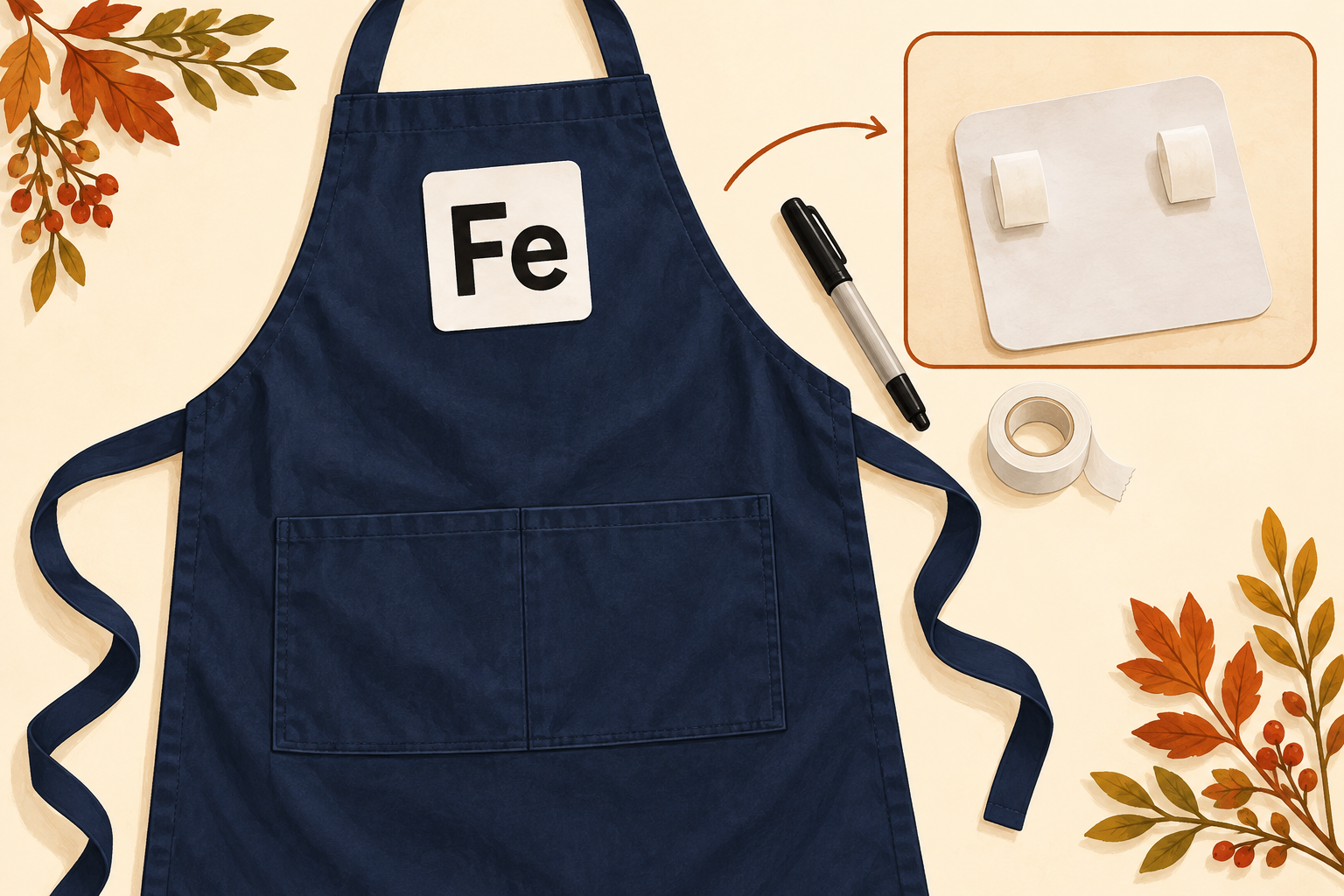 AI-generated illustration of a paper Fe badge high on a navy apron, with an inset showing removable tape loops on the badge back.