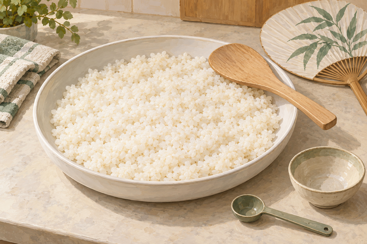 AI illustration of cooked sushi rice spread in a broad shallow dish with a paddle and fan