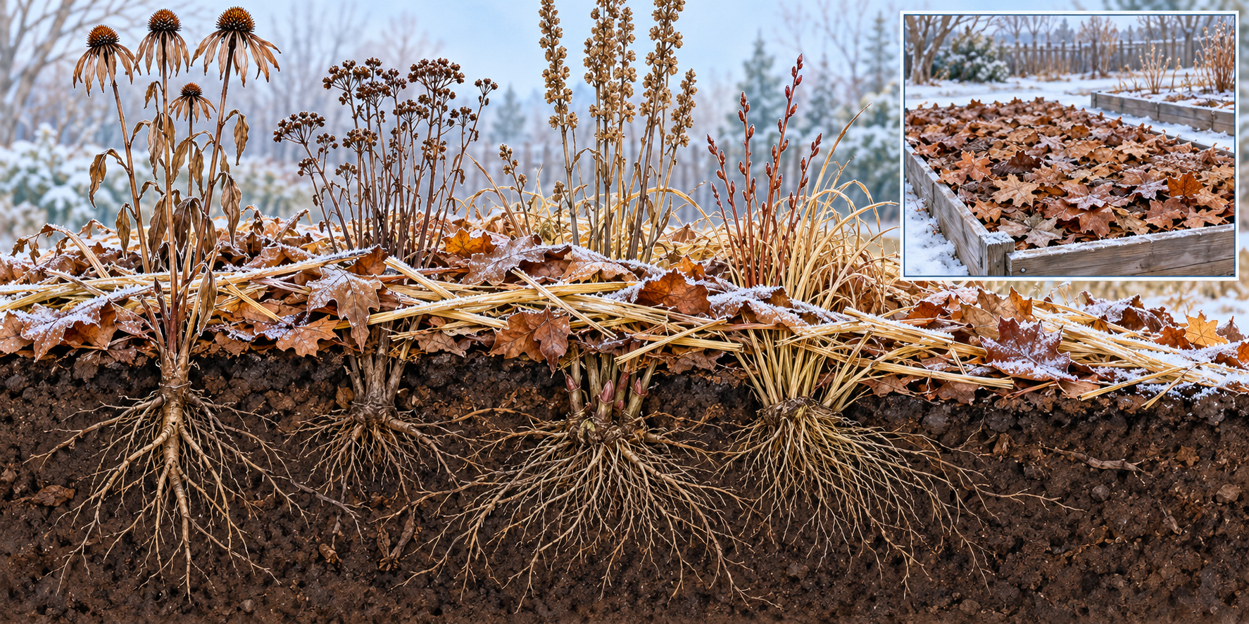 AI illustration of loose winter mulch above dormant perennial roots, with a separate covered vegetable bed