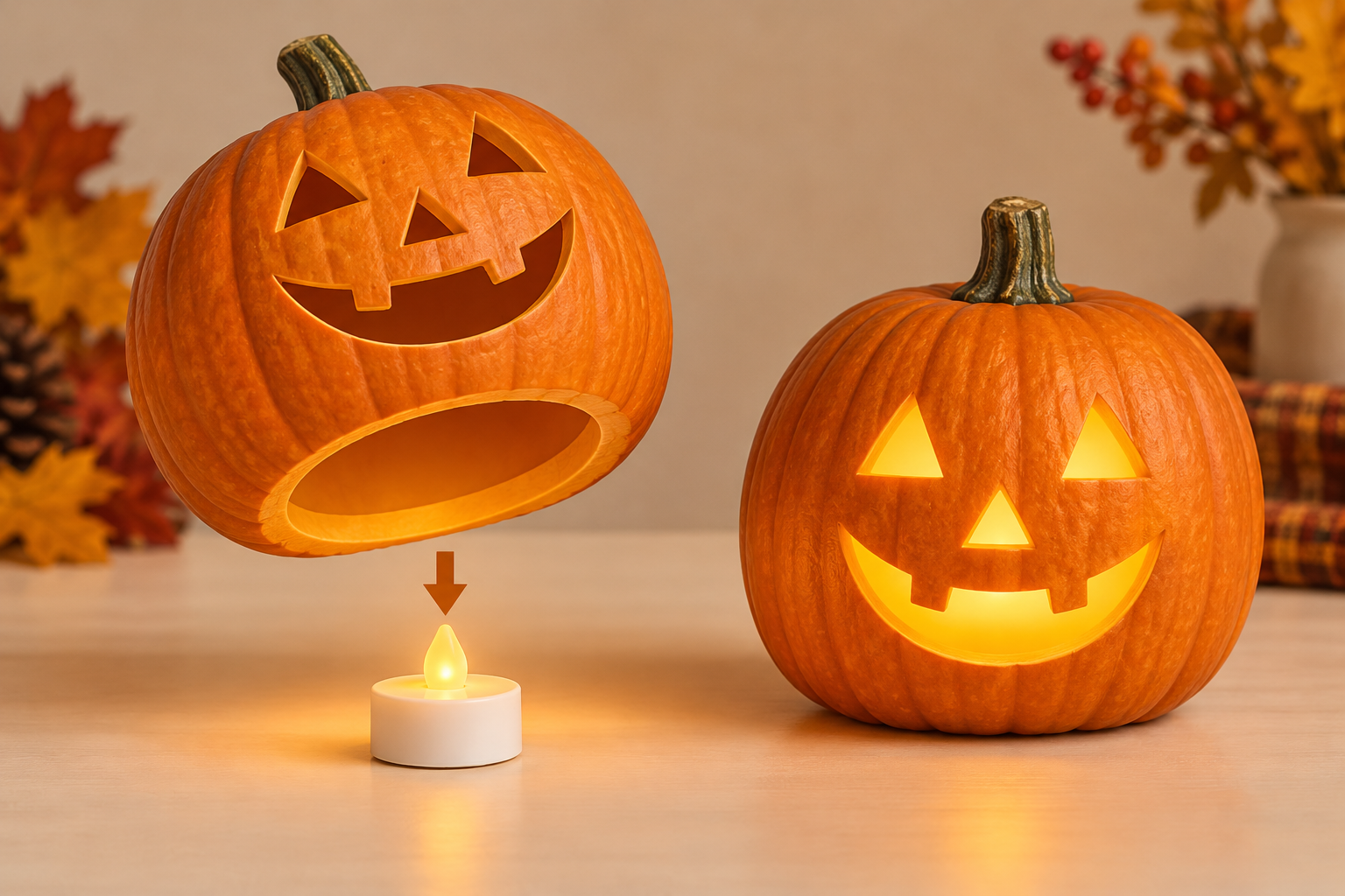 Diagram showing a bottom-opening jack-o-lantern lowered over a battery LED tea light, beside the illuminated pumpkin.