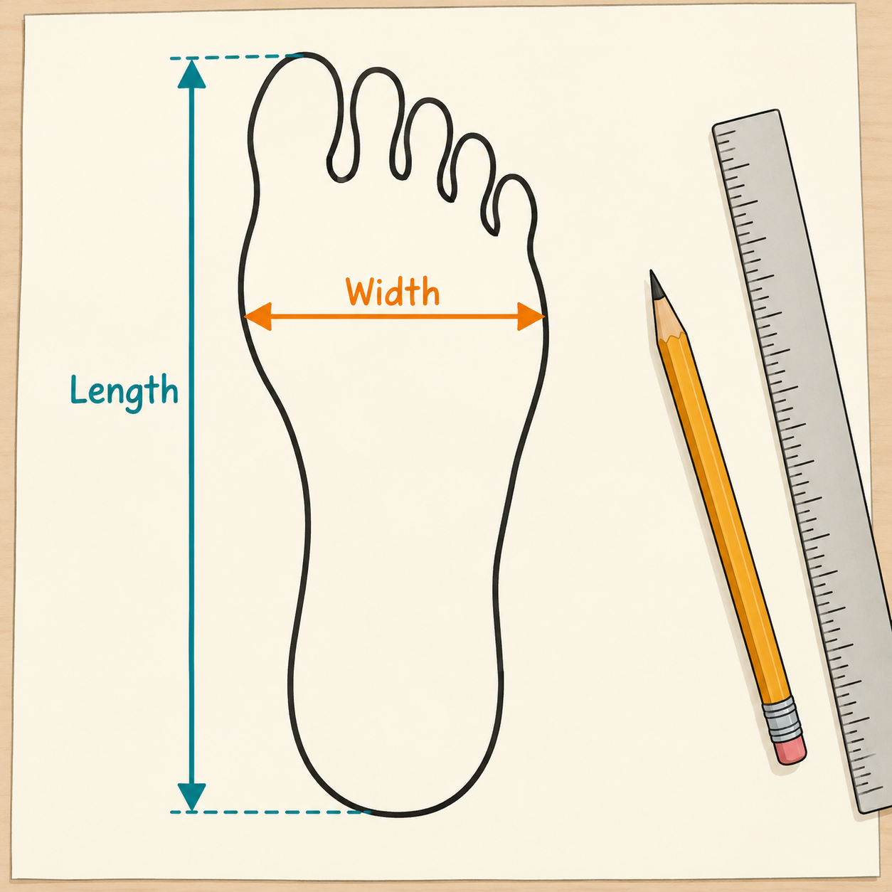 AI diagram showing heel-to-longest-toe length and widest forefoot width on a foot outline; not to scale