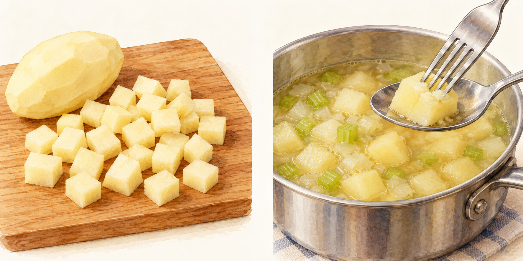 AI illustration comparing evenly cut potato cubes with a cooked cube tested gently using a fork and spoon.