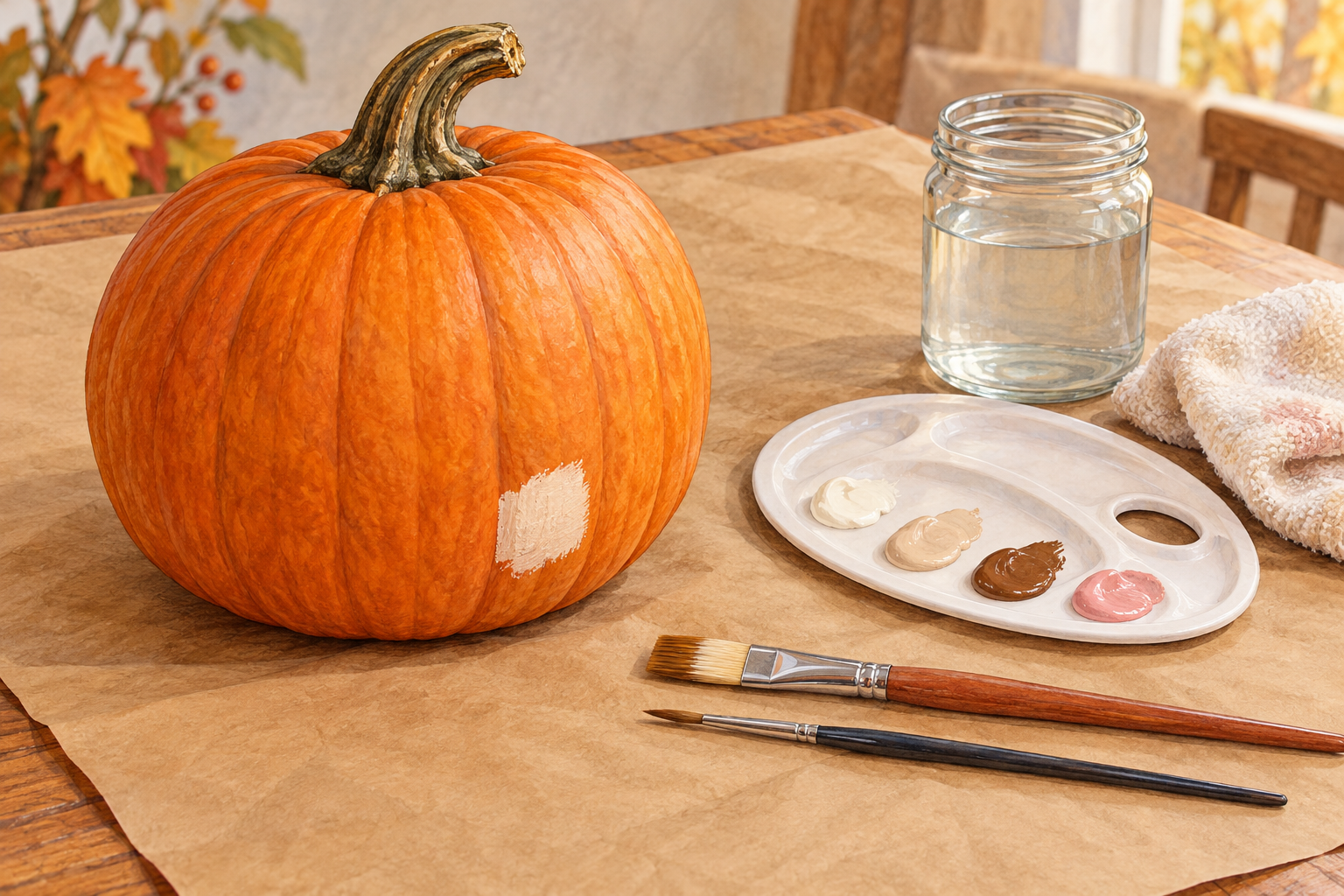 Intact orange pumpkin with a small cream paint test patch beside brushes, a craft palette, rinse water and cloth on a covered table.