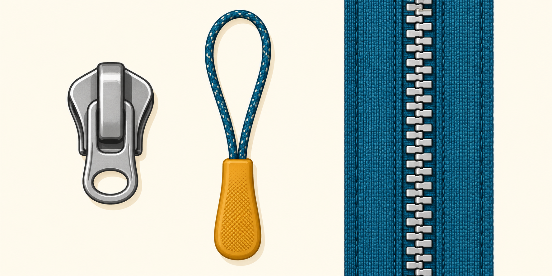 AI illustration identifying a zipper slider, separate cord pull and closed zipper teeth