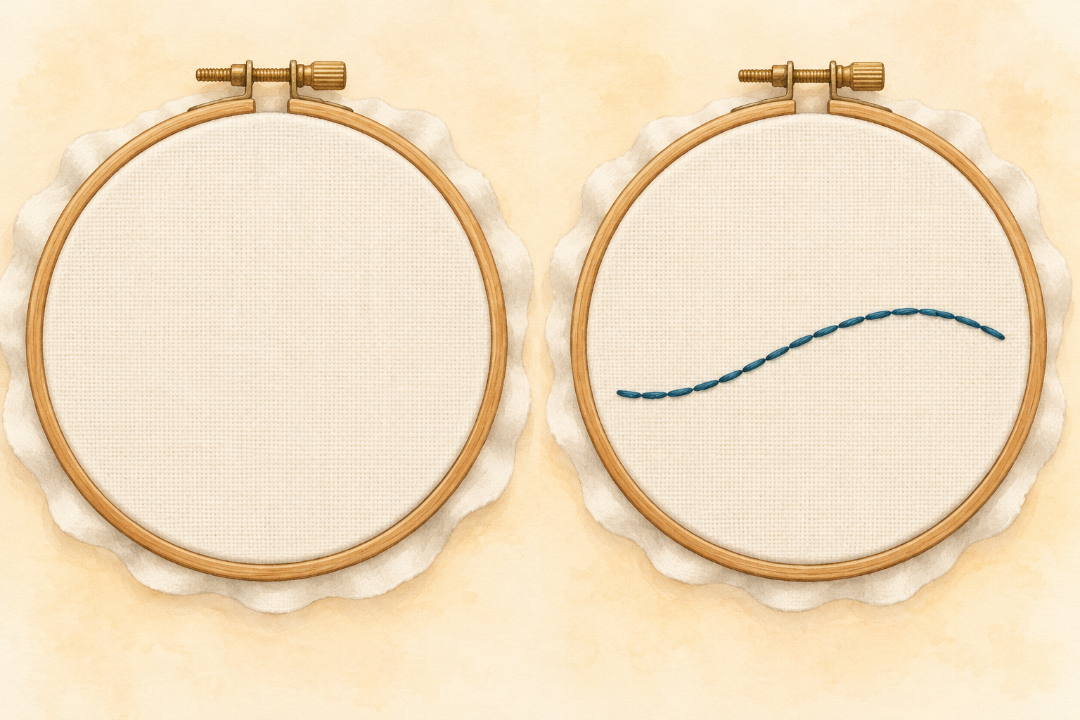 AI illustration comparing smooth fabric in a hoop with a gently curved line of joined teal stitches